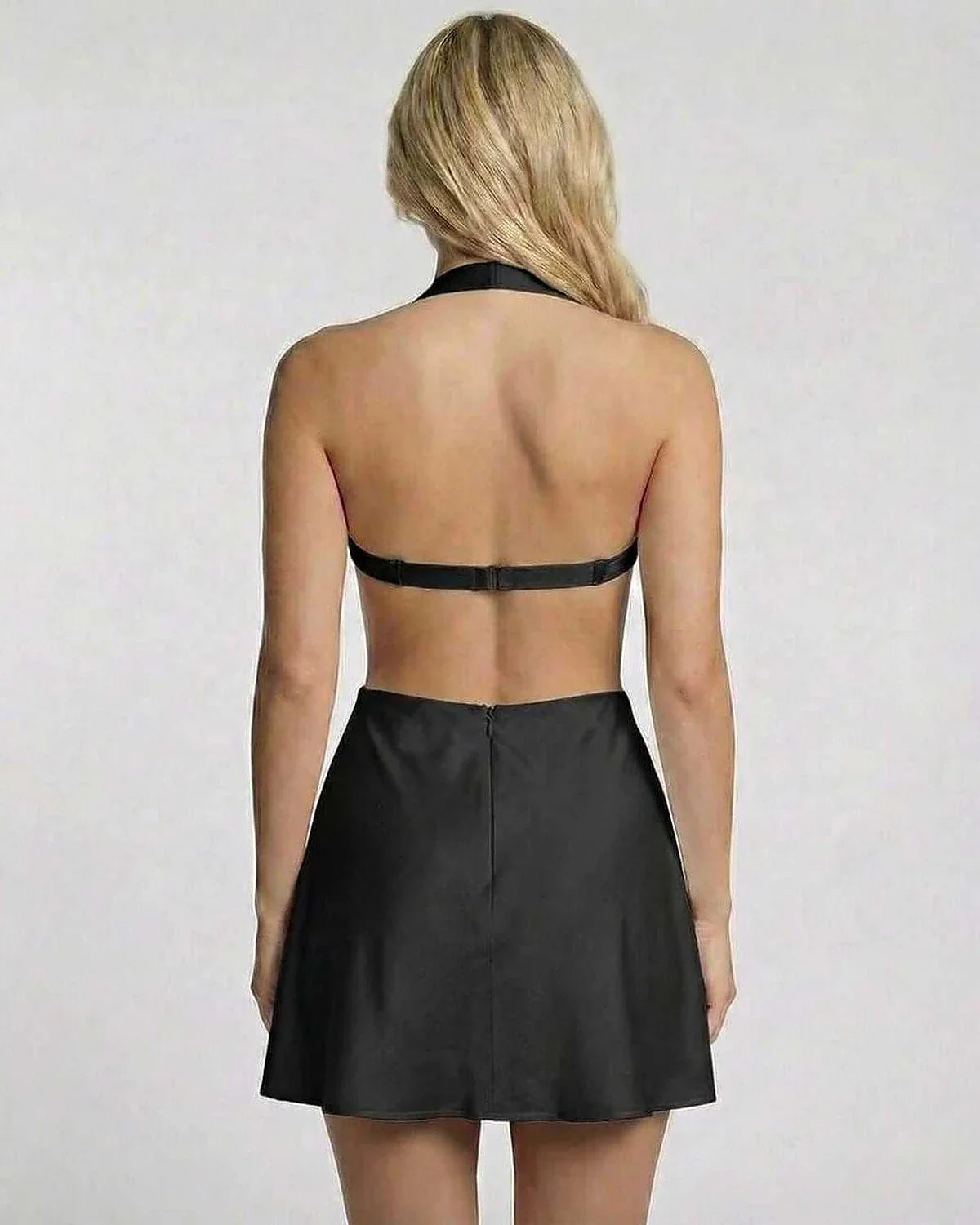Black Satin A-line Halter Sleeveless Mini Dress | Evening Events, Night Out, Daily Wear & Brunch, back view | Ramblion | SKU: OMD-528374916-black-L-4061,OMD-528374916-black-M-1735,OMD-528374916-black-S-3865,OMD-528374916-black-XL-753,OMD-528374916-black-XS-2861