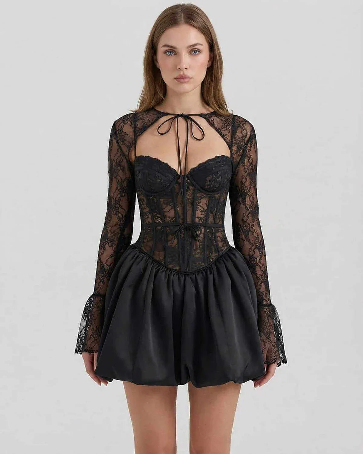 Black Satin A-line Round Neck Long Sleeve Mini Dress | Formal Occasions, Cocktail Hour, Day-to-Night & Casual Wear, front vie | SKU: LMD-58392-black-L-9858,LMD-58392-black-M-4101,LMD-58392-black-S-2572,LMD-58392-black-XL-2242,LMD-58392-black-XS-2434