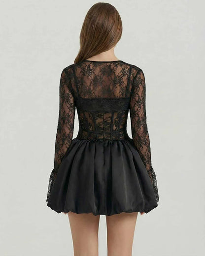 Black Satin A-line Round Neck Long Sleeve Mini Dress | Formal Occasions, Cocktail Hour, Day-to-Night & Casual Wear, back view | SKU: LMD-58392-black-L-9858,LMD-58392-black-M-4101,LMD-58392-black-S-2572,LMD-58392-black-XL-2242,LMD-58392-black-XS-2434