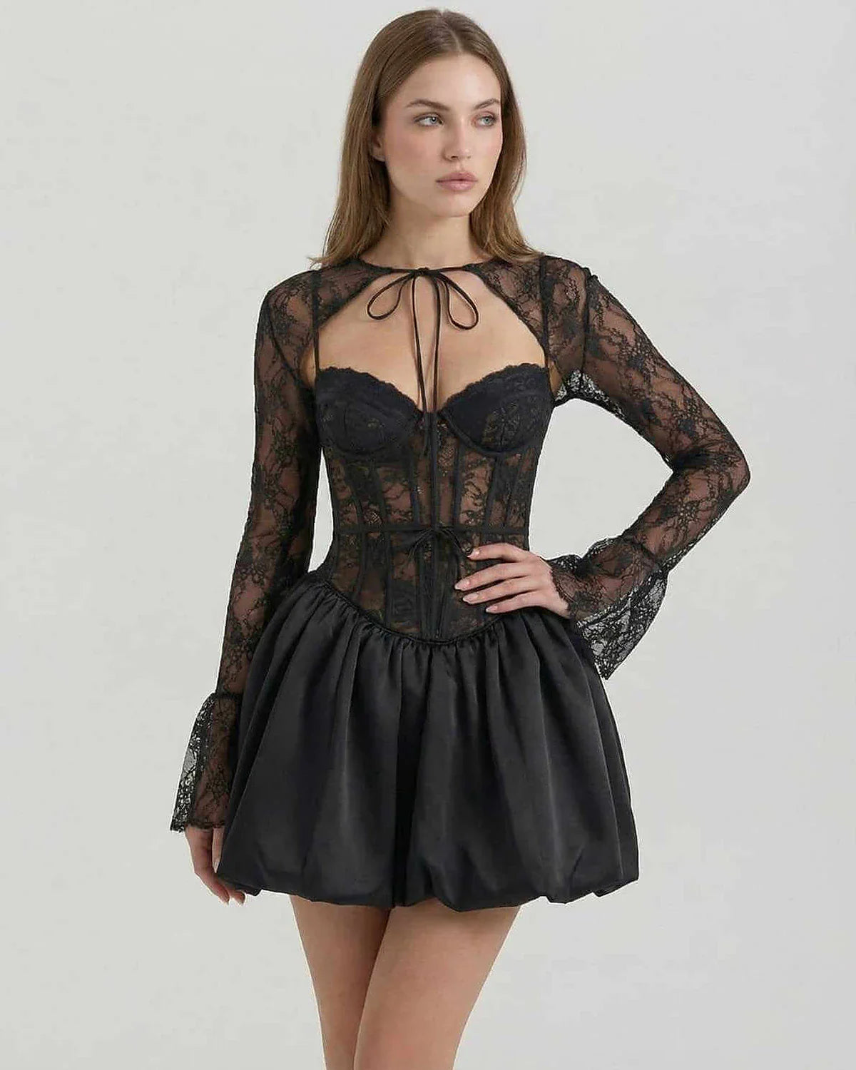Black Satin A-line Round Neck Long Sleeve Mini Dress | Formal Occasions, Cocktail Hour, Day-to-Night & Casual Wear, front vie | SKU: LMD-58392-black-L-9858,LMD-58392-black-M-4101,LMD-58392-black-S-2572,LMD-58392-black-XL-2242,LMD-58392-black-XS-2434