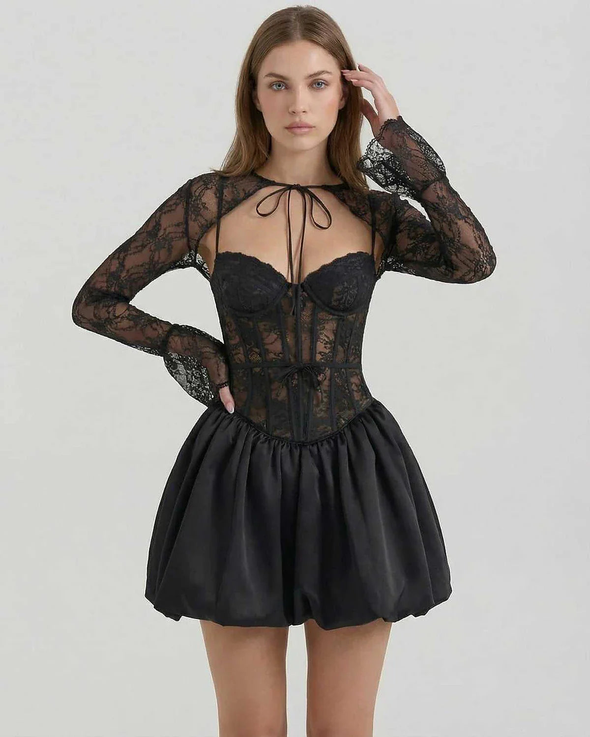 Black Satin A-line Round Neck Long Sleeve Mini Dress | Formal Occasions, Cocktail Hour, Day-to-Night & Casual Wear, front vie | SKU: LMD-58392-black-L-9858,LMD-58392-black-M-4101,LMD-58392-black-S-2572,LMD-58392-black-XL-2242,LMD-58392-black-XS-2434