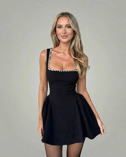 Black Satin A-line Square Neck Sleeveless Mini Dress | Black-Tie Events & Night Out, front view | Ramblion | SKU: MMD-46281-black-L-4235,MMD-46281-black-M-8771,MMD-46281-black-S-8742,MMD-46281-black-XL-1033,MMD-46281-black-XS-6737