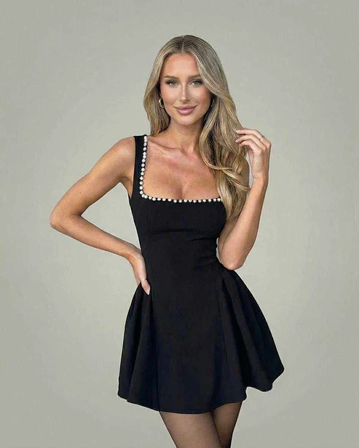 Black Satin A-line Square Neck Sleeveless Mini Dress | Black-Tie Events & Night Out, front view | Ramblion | SKU: MMD-46281-black-L-4235,MMD-46281-black-M-8771,MMD-46281-black-S-8742,MMD-46281-black-XL-1033,MMD-46281-black-XS-6737