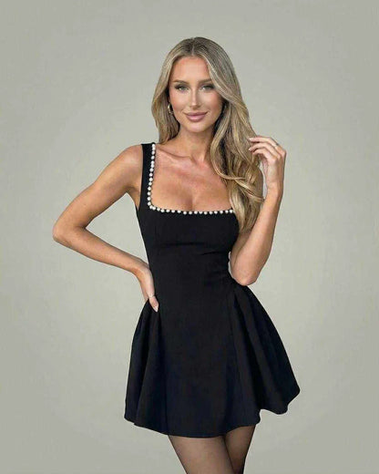 Black Satin A-line Square Neck Sleeveless Mini Dress | Black-Tie Events & Night Out, front view | Ramblion | SKU: MMD-46281-black-L-4235,MMD-46281-black-M-8771,MMD-46281-black-S-8742,MMD-46281-black-XL-1033,MMD-46281-black-XS-6737