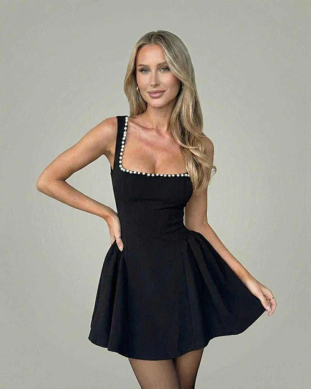 Black Satin A-line Square Neck Sleeveless Mini Dress | Black-Tie Events & Night Out, front view | Ramblion | SKU: MMD-46281-black-L-4235,MMD-46281-black-M-8771,MMD-46281-black-S-8742,MMD-46281-black-XL-1033,MMD-46281-black-XS-6737