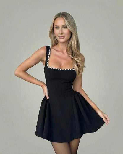 Black Satin A-line Square Neck Sleeveless Mini Dress | Black-Tie Events & Night Out, front view | Ramblion | SKU: MMD-46281-black-L-4235,MMD-46281-black-M-8771,MMD-46281-black-S-8742,MMD-46281-black-XL-1033,MMD-46281-black-XS-6737