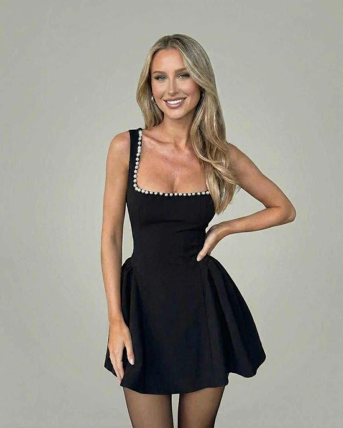 Black Satin A-line Square Neck Sleeveless Mini Dress | Black-Tie Events & Night Out, front view | Ramblion | SKU: MMD-46281-black-L-4235,MMD-46281-black-M-8771,MMD-46281-black-S-8742,MMD-46281-black-XL-1033,MMD-46281-black-XS-6737