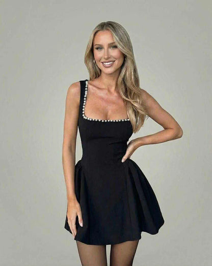 Black Satin A-line Square Neck Sleeveless Mini Dress | Black-Tie Events & Night Out, front view | Ramblion | SKU: MMD-46281-black-L-4235,MMD-46281-black-M-8771,MMD-46281-black-S-8742,MMD-46281-black-XL-1033,MMD-46281-black-XS-6737