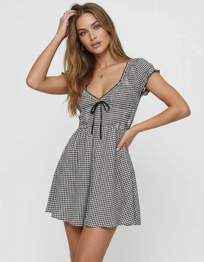 Black Satin A-line V-Neck Short Sleeve Mini Dress | Cocktail Hour & Casual Wear, front view | Ramblion | SKU: SMD-981027465-black-L-7988,SMD-981027465-black-M-9934,SMD-981027465-black-S-8006,SMD-981027465-black-XL-1598,SMD-981027465-black-XS-7088