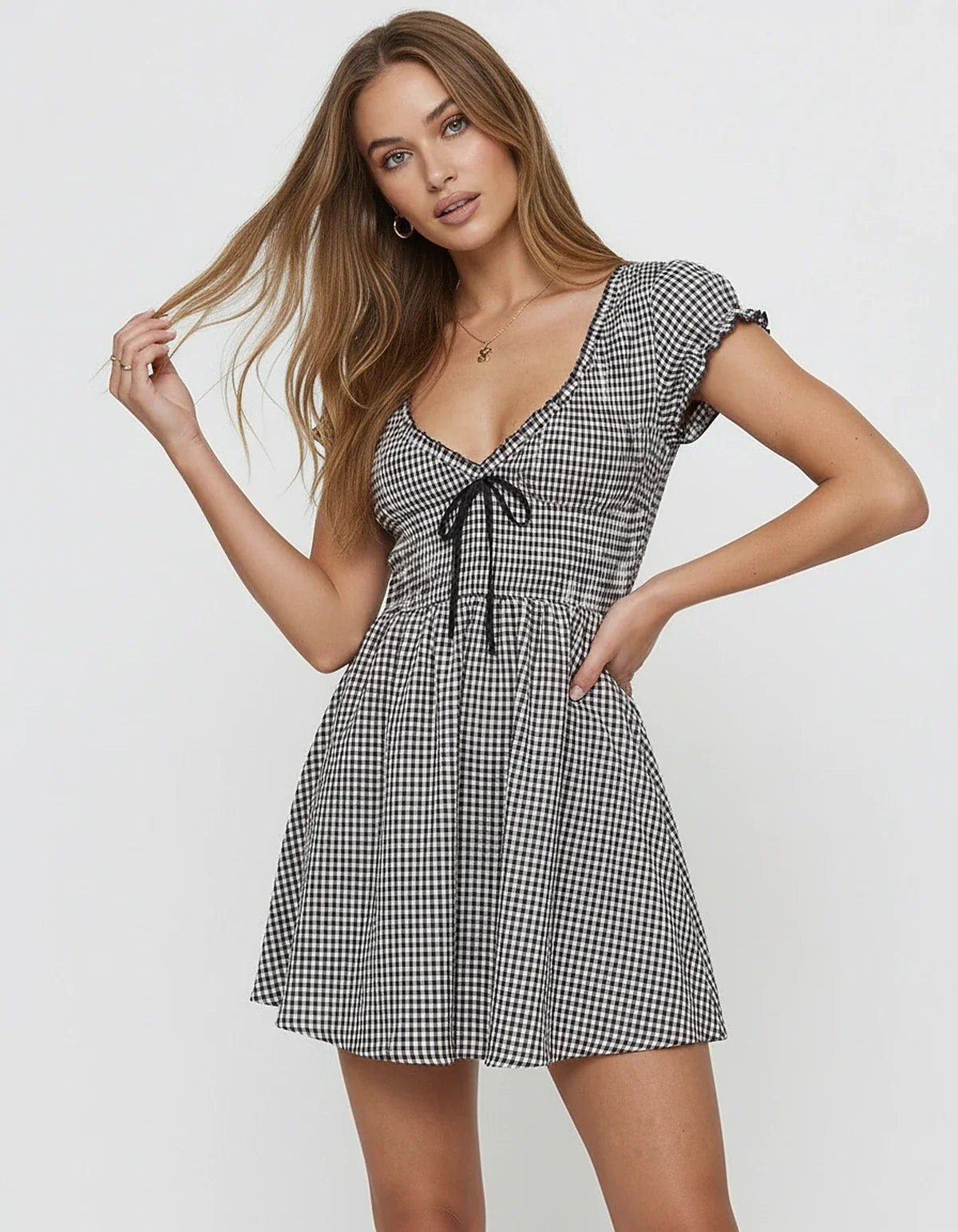 Black Satin A-line V-Neck Short Sleeve Mini Dress | Cocktail Hour & Casual Wear, front view | Ramblion | SKU: SMD-981027465-black-L-7988,SMD-981027465-black-M-9934,SMD-981027465-black-S-8006,SMD-981027465-black-XL-1598,SMD-981027465-black-XS-7088