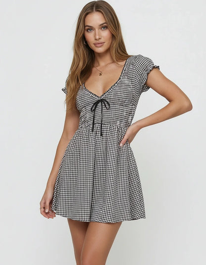 Black Satin A-line V-Neck Short Sleeve Mini Dress | Cocktail Hour & Casual Wear, front view | Ramblion | SKU: SMD-981027465-black-L-7988,SMD-981027465-black-M-9934,SMD-981027465-black-S-8006,SMD-981027465-black-XL-1598,SMD-981027465-black-XS-7088