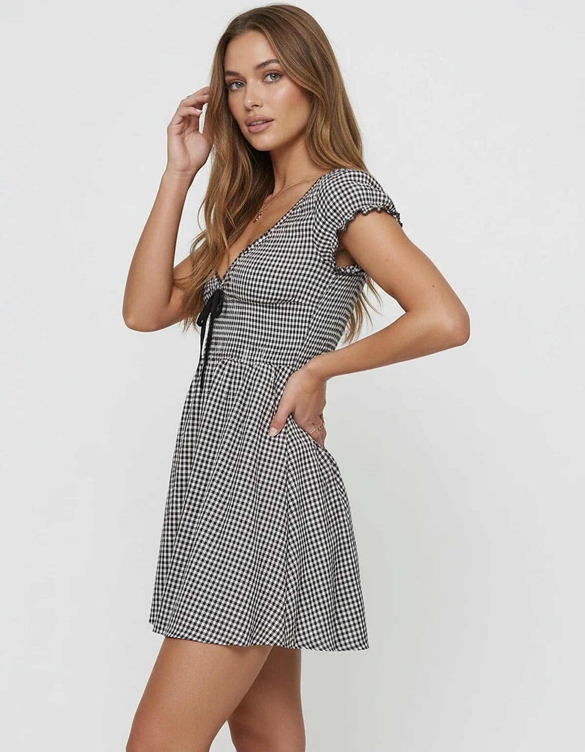 Black Satin A-line V-Neck Short Sleeve Mini Dress | Cocktail Hour & Casual Wear, side view | Ramblion | SKU: SMD-981027465-black-L-7988,SMD-981027465-black-M-9934,SMD-981027465-black-S-8006,SMD-981027465-black-XL-1598,SMD-981027465-black-XS-7088