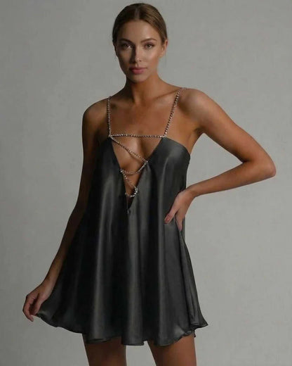 Black Satin A-Line V-Neck Spaghetti Strap Mini Dress | Formal Occasions, front view | Ramblion | SKU: NMD-957438201-black-L-2837,NMD-957438201-black-M-6801,NMD-957438201-black-S-4568,NMD-957438201-black-XL-6748,NMD-957438201-black-XS-8115