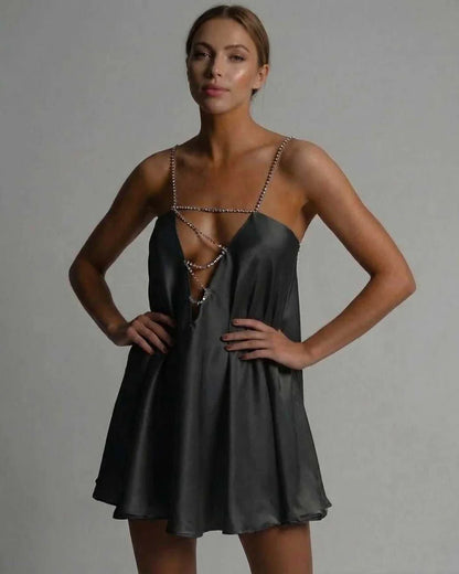 Black Satin A-Line V-Neck Spaghetti Strap Mini Dress | Formal Occasions, front view | Ramblion | SKU: NMD-957438201-black-L-2837,NMD-957438201-black-M-6801,NMD-957438201-black-S-4568,NMD-957438201-black-XL-6748,NMD-957438201-black-XS-8115