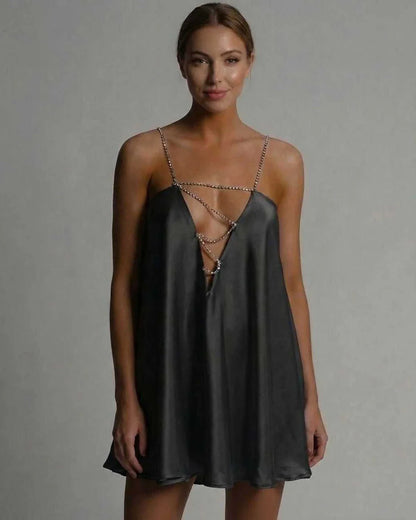 Black Satin A-Line V-Neck Spaghetti Strap Mini Dress | Formal Occasions, front view | Ramblion | SKU: NMD-957438201-black-L-2837,NMD-957438201-black-M-6801,NMD-957438201-black-S-4568,NMD-957438201-black-XL-6748,NMD-957438201-black-XS-8115