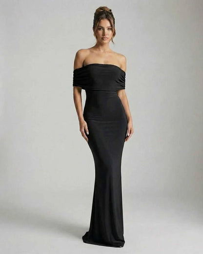 Black Satin Bodycon Bardot Neck Sleeveless Maxi Dress | Formal Events, Party Nights & Wedding Guest, front view | Ramblion | SKU: NMD-582746391-black-L-6135,NMD-582746391-black-M-5858,NMD-582746391-black-S-1069,NMD-582746391-black-XL-7455,NMD-582746391-black-XS-2081