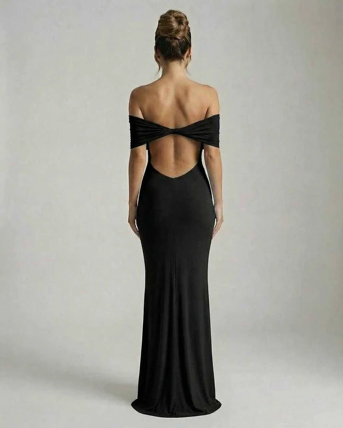 Black Satin Bodycon Bardot Neck Sleeveless Maxi Dress | Formal Events, Party Nights & Wedding Guest, back view | Ramblion | SKU: NMD-582746391-black-L-6135,NMD-582746391-black-M-5858,NMD-582746391-black-S-1069,NMD-582746391-black-XL-7455,NMD-582746391-black-XS-2081