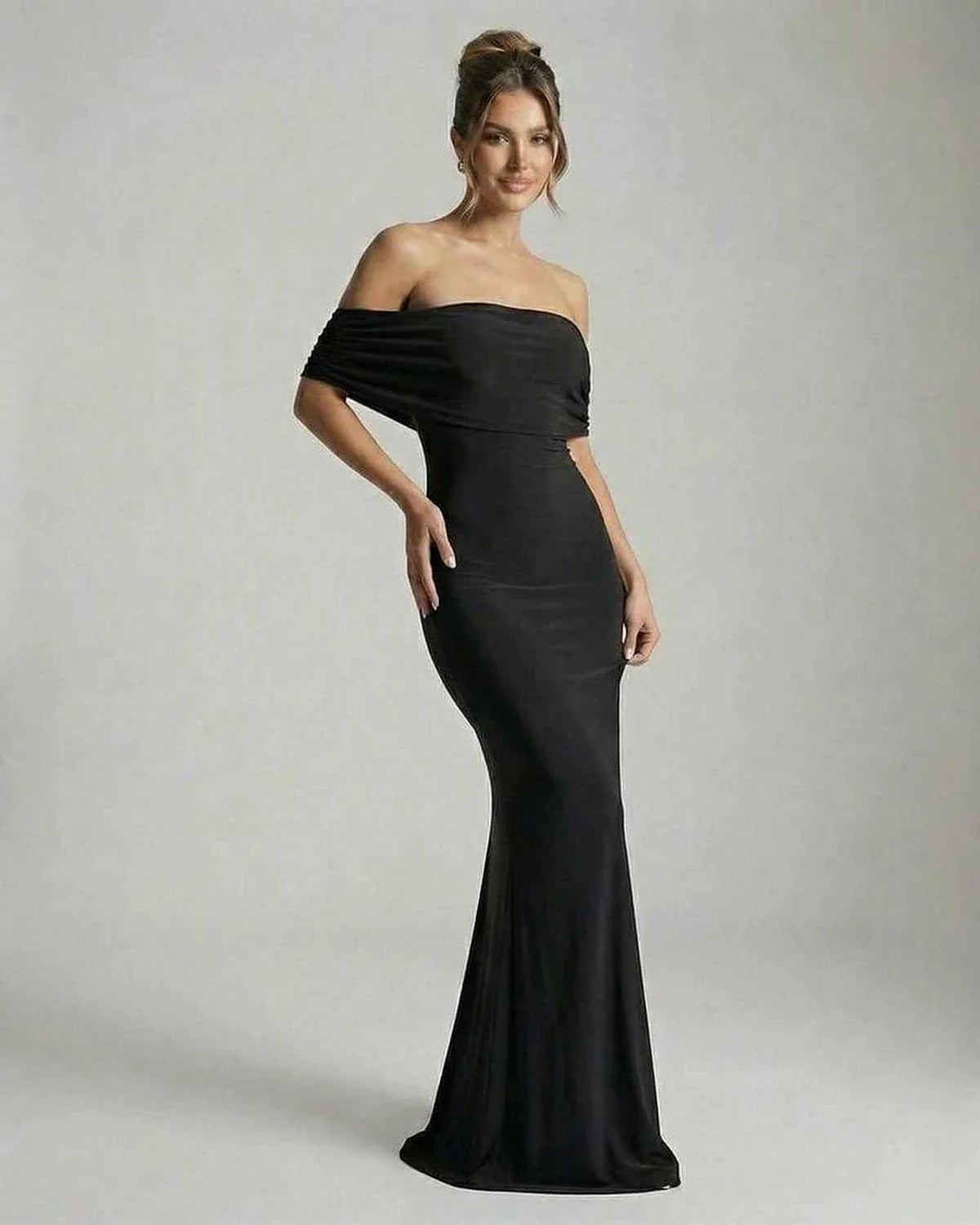 Black Satin Bodycon Bardot Neck Sleeveless Maxi Dress | Formal Events, Party Nights & Wedding Guest, side view | Ramblion | SKU: NMD-582746391-black-L-6135,NMD-582746391-black-M-5858,NMD-582746391-black-S-1069,NMD-582746391-black-XL-7455,NMD-582746391-black-XS-2081