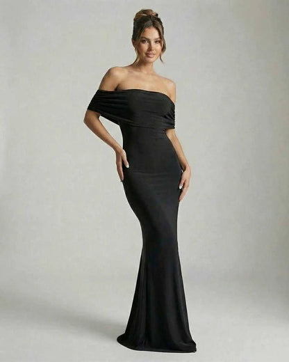 Black Satin Bodycon Bardot Neck Sleeveless Maxi Dress | Formal Events, Party Nights & Wedding Guest, front view | Ramblion | SKU: NMD-582746391-black-L-6135,NMD-582746391-black-M-5858,NMD-582746391-black-S-1069,NMD-582746391-black-XL-7455,NMD-582746391-black-XS-2081