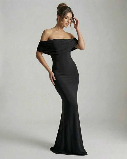 Black Satin Bodycon Bardot Neck Sleeveless Maxi Dress | Formal Events, Party Nights & Wedding Guest, side view | Ramblion | SKU: NMD-582746391-black-L-6135,NMD-582746391-black-M-5858,NMD-582746391-black-S-1069,NMD-582746391-black-XL-7455,NMD-582746391-black-XS-2081