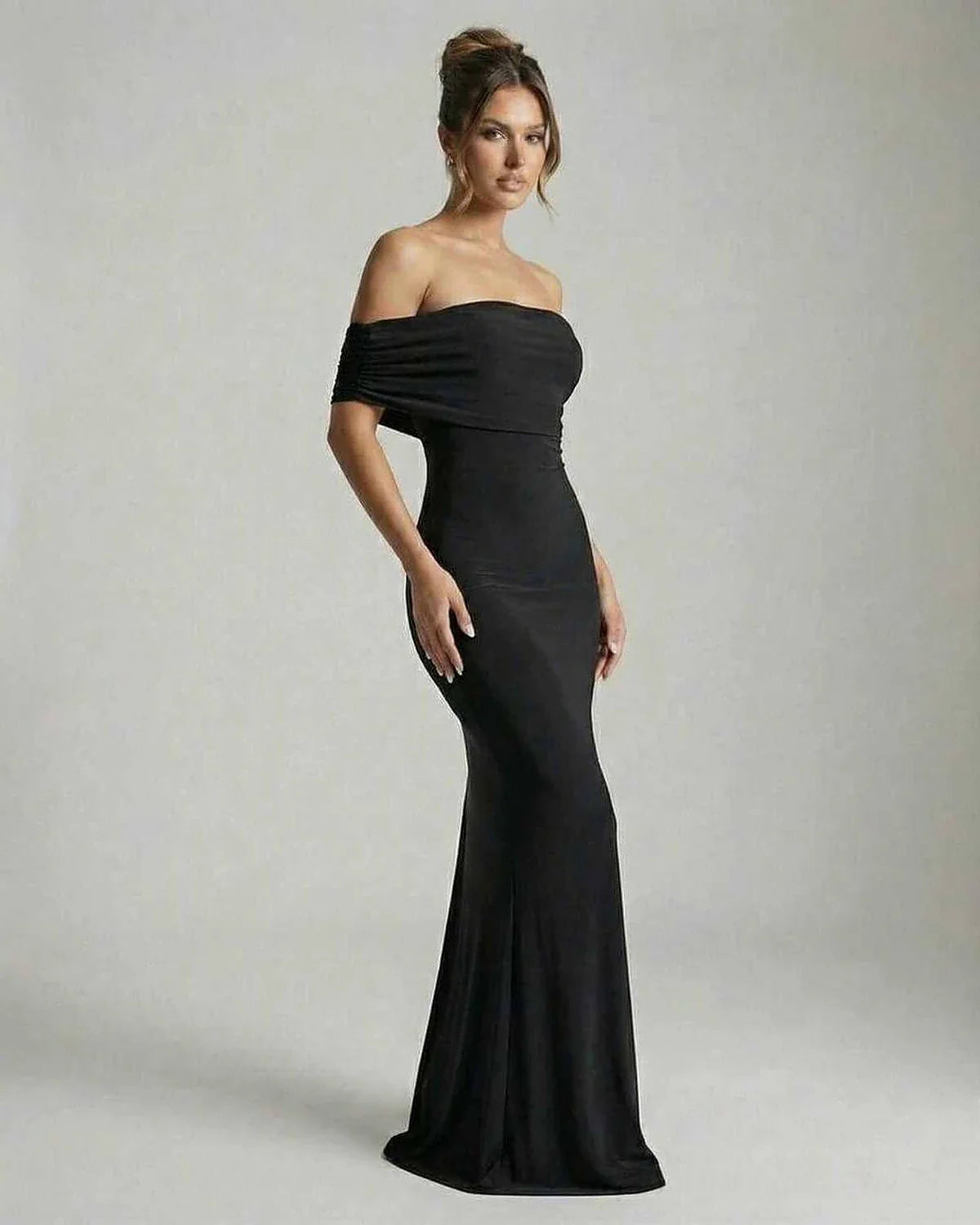 Black Satin Bodycon Bardot Neck Sleeveless Maxi Dress | Formal Events, Party Nights & Wedding Guest, side view | Ramblion | SKU: NMD-582746391-black-L-6135,NMD-582746391-black-M-5858,NMD-582746391-black-S-1069,NMD-582746391-black-XL-7455,NMD-582746391-black-XS-2081