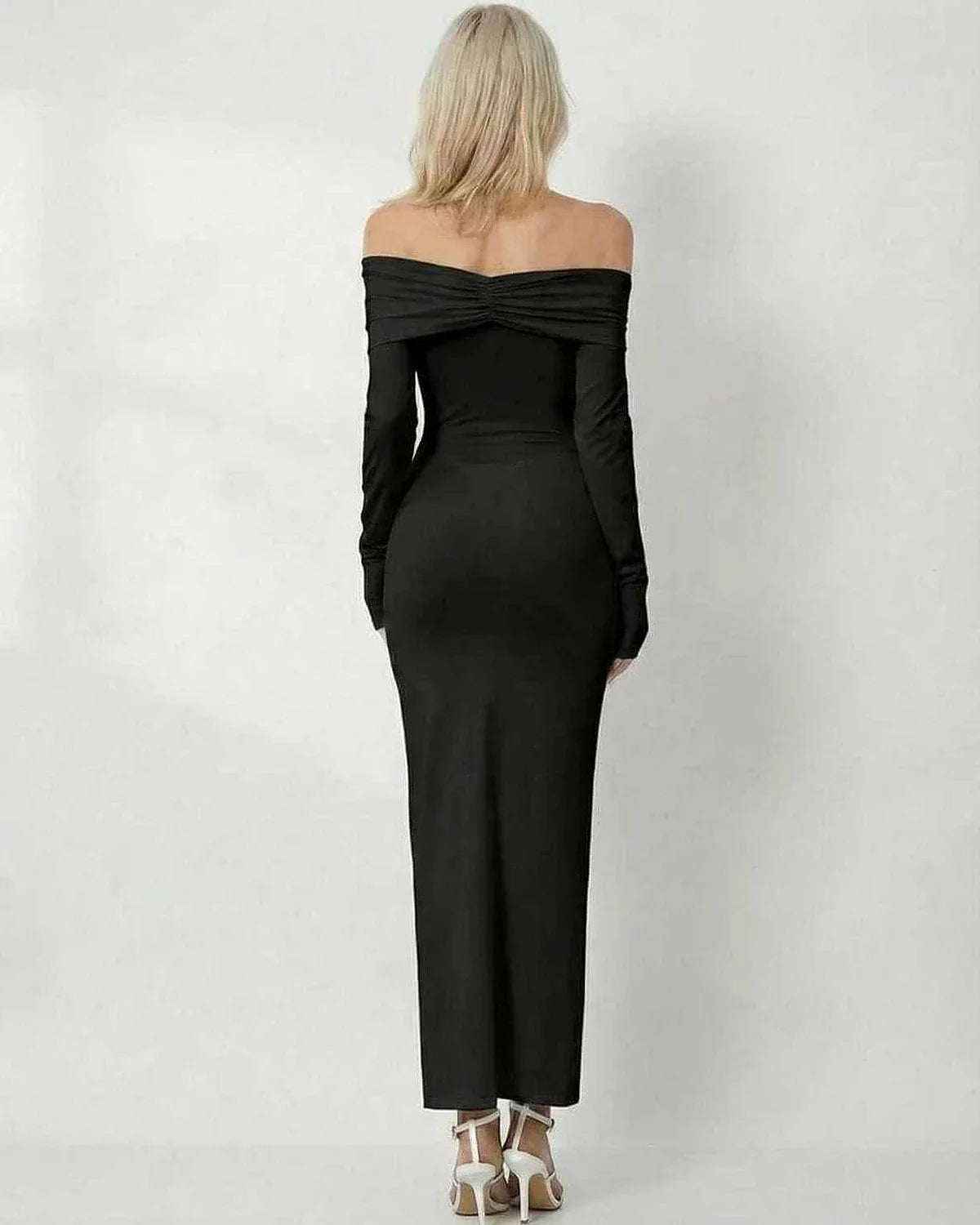 Black Satin Bodycon Round Neck Long Sleeve Maxi Dress | Formal Occasions, Party Nights, Weddings & Casual Wear, back view | R | SKU: NMD-482739106-black-L-7314,NMD-482739106-black-M-9552,NMD-482739106-black-S-5955,NMD-482739106-black-XL-7594,NMD-482739106-black-XS-2714