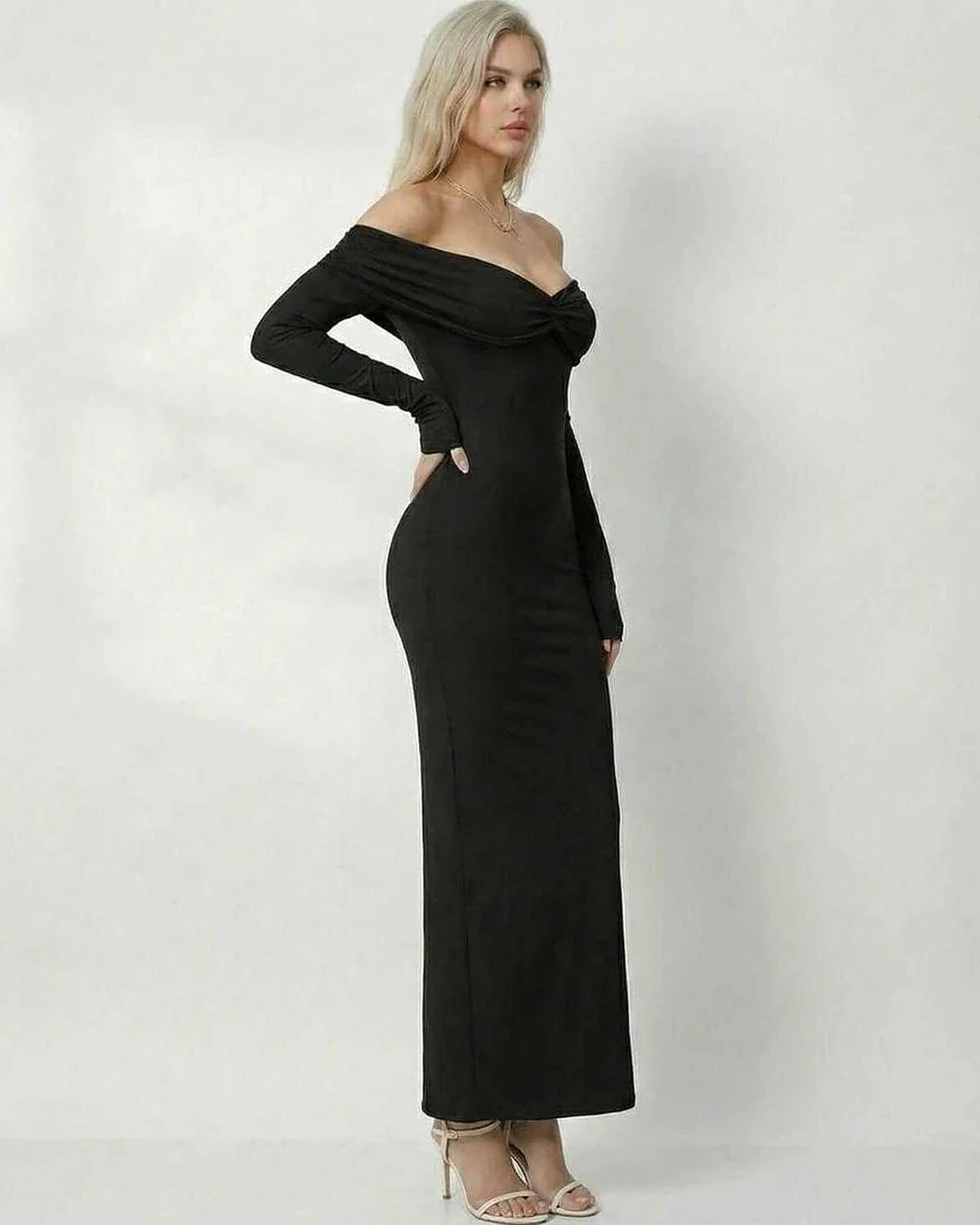 Black Satin Bodycon Round Neck Long Sleeve Maxi Dress | Formal Occasions, Party Nights, Weddings & Casual Wear, side view | R | SKU: NMD-482739106-black-L-7314,NMD-482739106-black-M-9552,NMD-482739106-black-S-5955,NMD-482739106-black-XL-7594,NMD-482739106-black-XS-2714