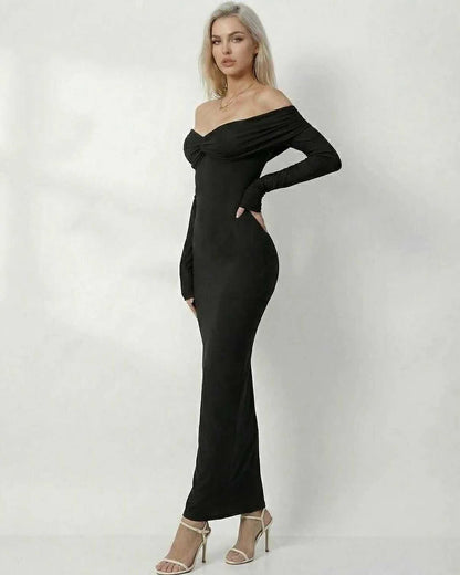 Black Satin Bodycon Round Neck Long Sleeve Maxi Dress | Formal Occasions, Party Nights, Weddings & Casual Wear, side view | R | SKU: NMD-482739106-black-L-7314,NMD-482739106-black-M-9552,NMD-482739106-black-S-5955,NMD-482739106-black-XL-7594,NMD-482739106-black-XS-2714