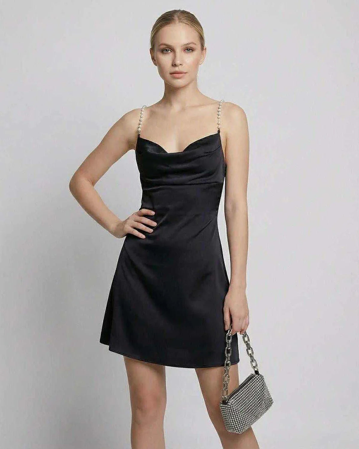 Black Satin Bodycon Round Neck Sleeveless Mini Dress | Prom, Evening Parties & Daily Wear, front view | Ramblion | SKU: LMD-58294-black-L-9449,LMD-58294-black-M-1976,LMD-58294-black-S-1341,LMD-58294-black-XL-5455,LMD-58294-black-XS-4586