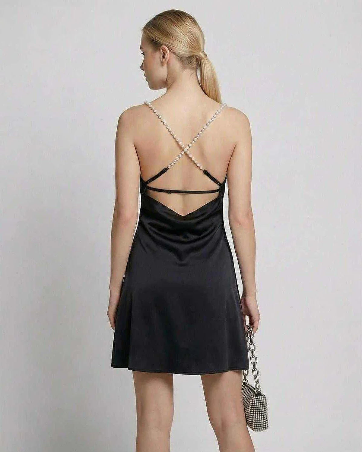 Black Satin Bodycon Round Neck Sleeveless Mini Dress | Prom, Evening Parties & Daily Wear, back view | Ramblion | SKU: LMD-58294-black-L-9449,LMD-58294-black-M-1976,LMD-58294-black-S-1341,LMD-58294-black-XL-5455,LMD-58294-black-XS-4586