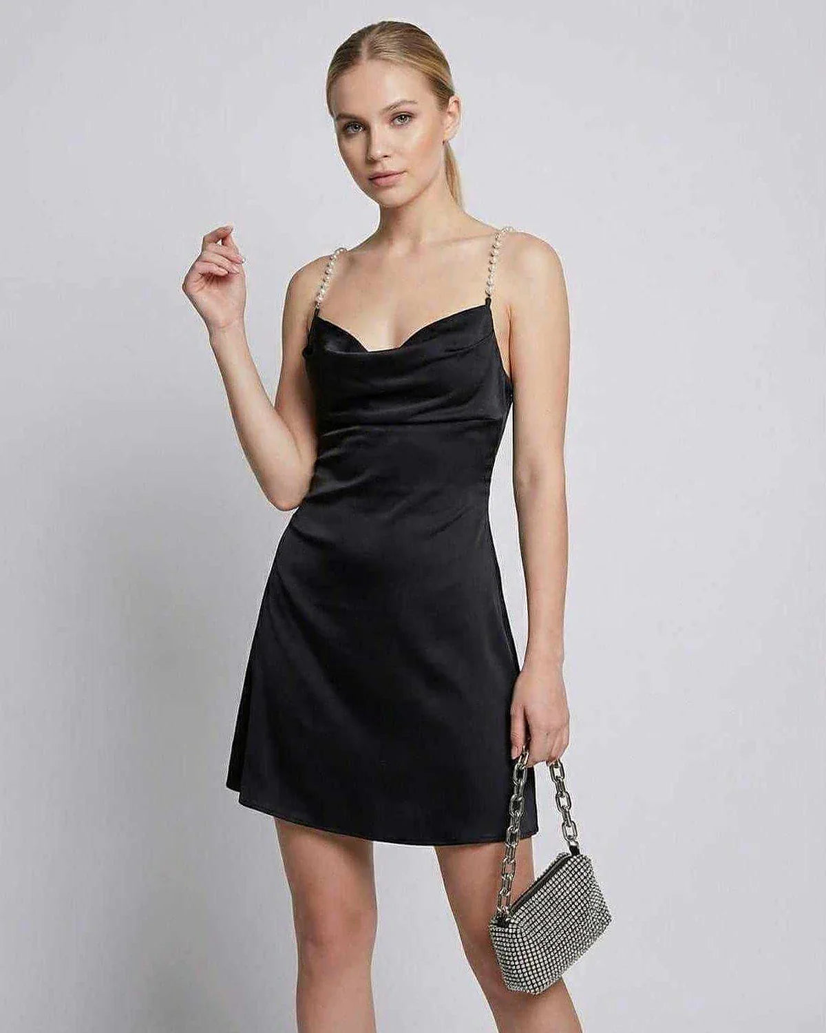 Black Satin Bodycon Round Neck Sleeveless Mini Dress | Prom, Evening Parties & Daily Wear, front view | Ramblion | SKU: LMD-58294-black-L-9449,LMD-58294-black-M-1976,LMD-58294-black-S-1341,LMD-58294-black-XL-5455,LMD-58294-black-XS-4586