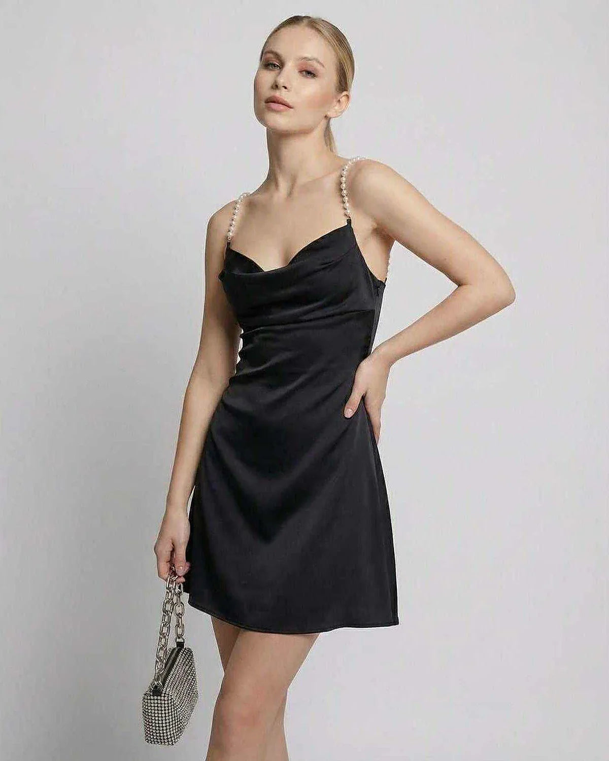 Black Satin Bodycon Round Neck Sleeveless Mini Dress | Prom, Evening Parties & Daily Wear, front view | Ramblion | SKU: LMD-58294-black-L-9449,LMD-58294-black-M-1976,LMD-58294-black-S-1341,LMD-58294-black-XL-5455,LMD-58294-black-XS-4586