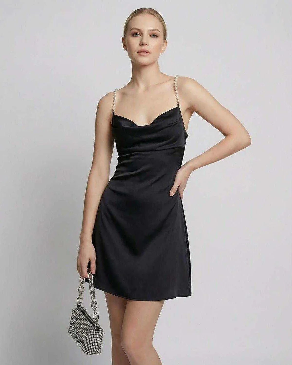 Black Satin Bodycon Round Neck Sleeveless Mini Dress | Prom, Evening Parties & Daily Wear, front view | Ramblion | SKU: LMD-58294-black-L-9449,LMD-58294-black-M-1976,LMD-58294-black-S-1341,LMD-58294-black-XL-5455,LMD-58294-black-XS-4586
