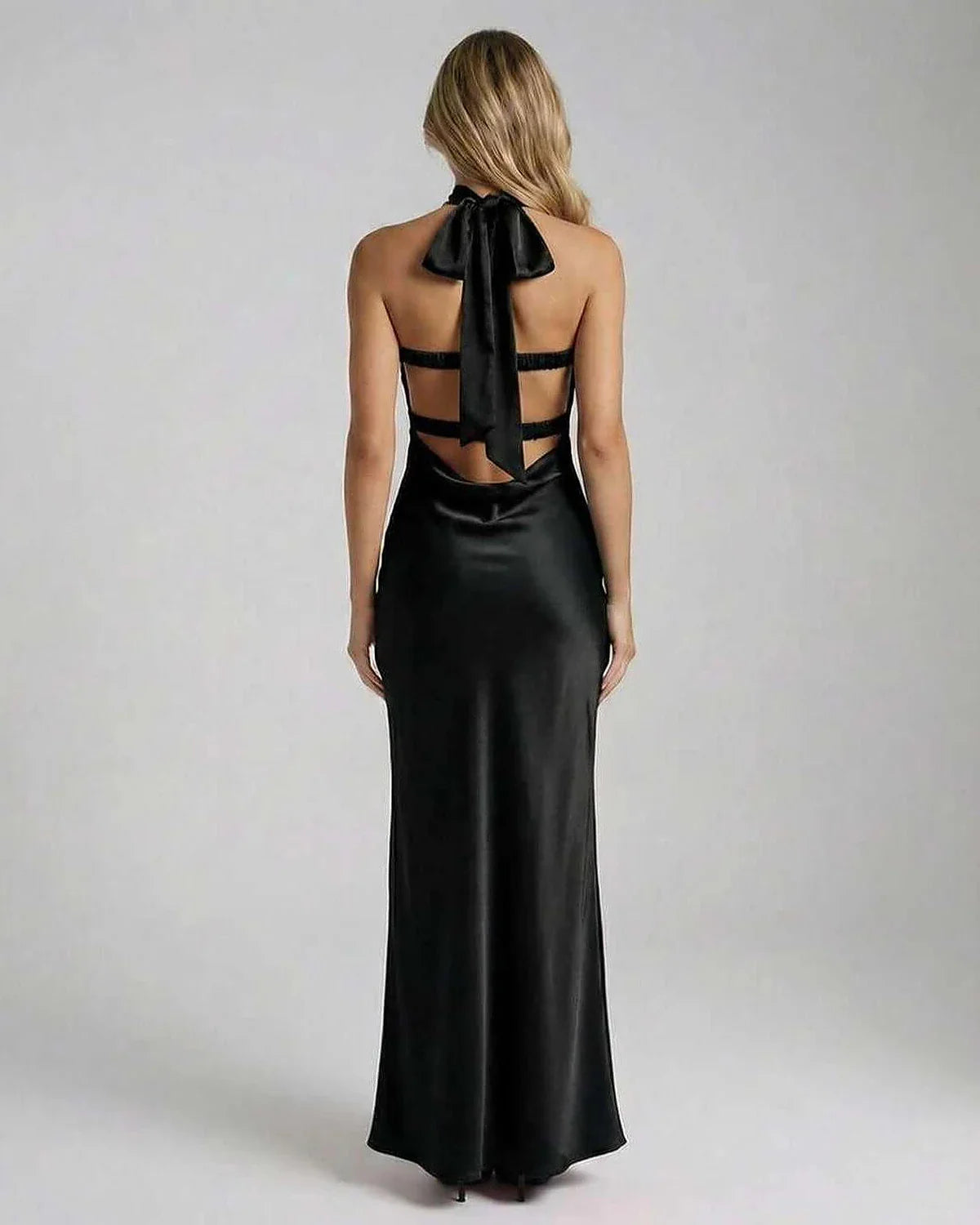 Black Satin Bodycon Strapless Maxi Dress | Evening Events & Cocktail Parties, back view | Ramblion | SKU: NMD-728491635-black-L-4273,NMD-728491635-black-M-8249,NMD-728491635-black-S-3982,NMD-728491635-black-XL-7662,NMD-728491635-black-XS-9643