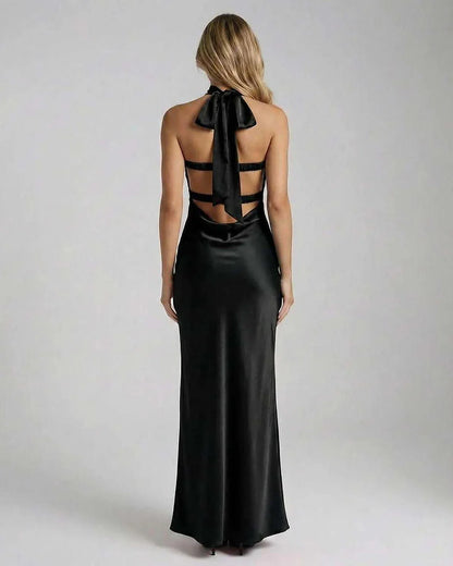 Black Satin Bodycon Strapless Maxi Dress | Evening Events & Cocktail Parties, back view | Ramblion | SKU: NMD-728491635-black-L-4273,NMD-728491635-black-M-8249,NMD-728491635-black-S-3982,NMD-728491635-black-XL-7662,NMD-728491635-black-XS-9643