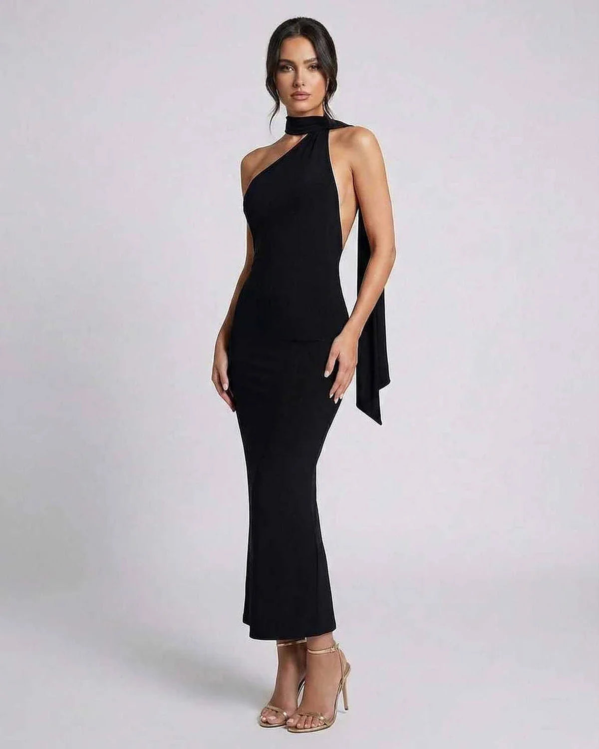 Black Satin Gown Halter Sleeveless Maxi Dress | Black-Tie Events, Evening Parties & Day-to-Night, front view | Ramblion | SKU: CMD-487391265-black-L-9428,CMD-487391265-black-M-4874,CMD-487391265-black-S-4174,CMD-487391265-black-XL-4998,CMD-487391265-black-XS-8515