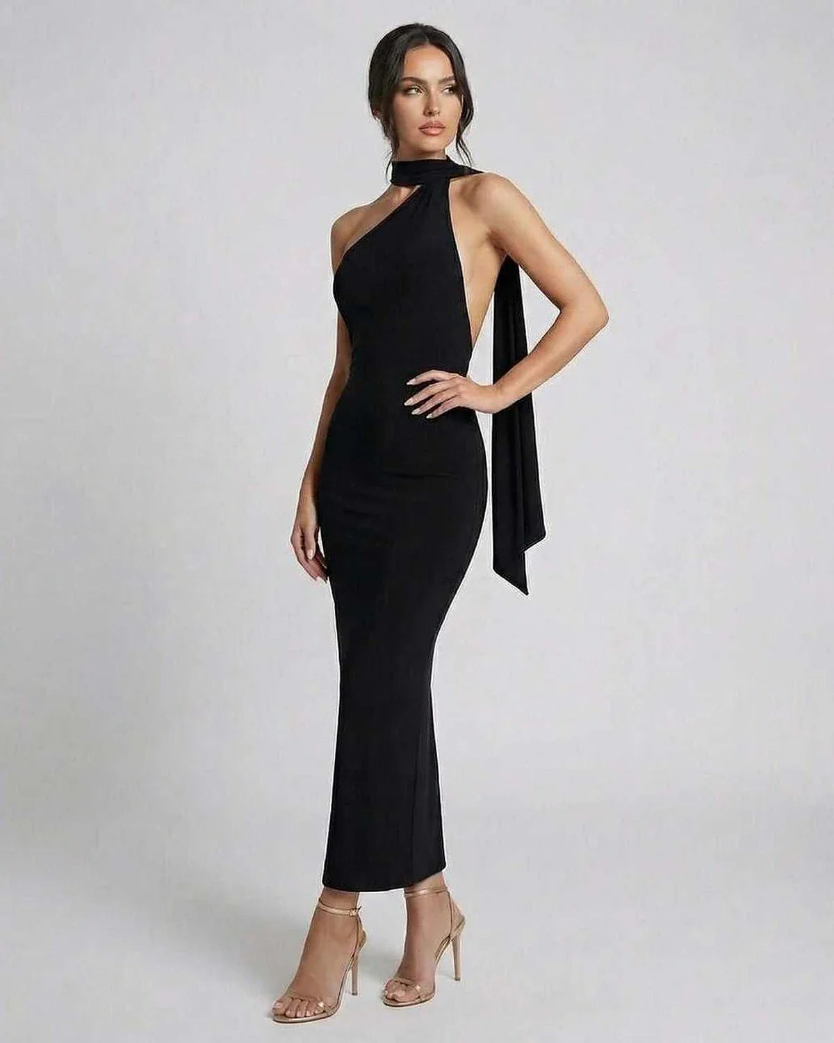 Black Satin Gown Halter Sleeveless Maxi Dress | Black-Tie Events, Evening Parties & Day-to-Night, front view | Ramblion | SKU: CMD-487391265-black-L-9428,CMD-487391265-black-M-4874,CMD-487391265-black-S-4174,CMD-487391265-black-XL-4998,CMD-487391265-black-XS-8515