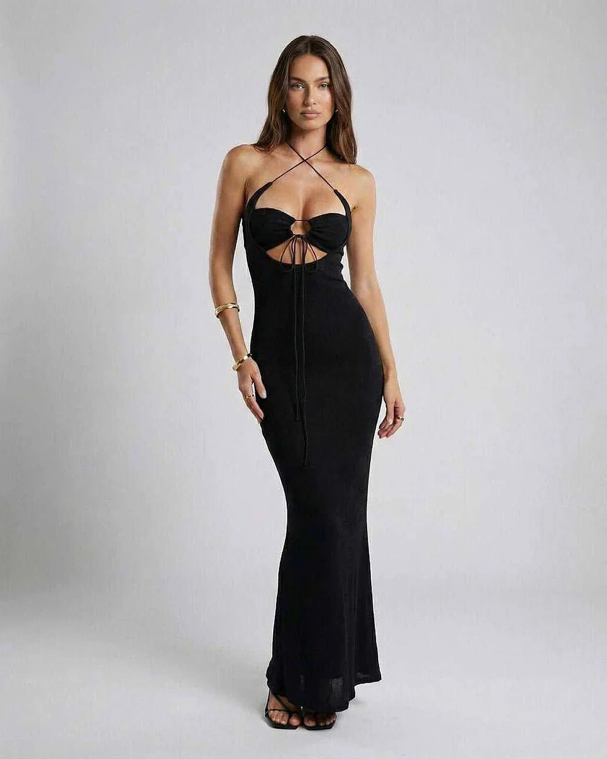 Black Satin Gown Halter Sleeveless Maxi Dress | Black-Tie Events, Evening Parties, Daily Wear & Casual Outings, front view | | SKU: EMD-58371-black-L-9298,EMD-58371-black-M-1920,EMD-58371-black-S-5789,EMD-58371-black-XL-5028,EMD-58371-black-XS-8628