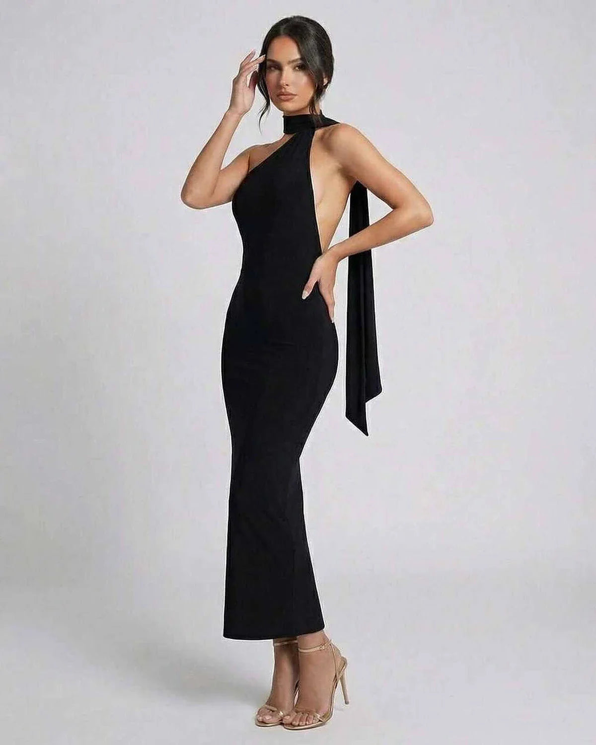Black Satin Gown Halter Sleeveless Maxi Dress | Black-Tie Events, Evening Parties & Day-to-Night, side view | Ramblion | SKU: CMD-487391265-black-L-9428,CMD-487391265-black-M-4874,CMD-487391265-black-S-4174,CMD-487391265-black-XL-4998,CMD-487391265-black-XS-8515