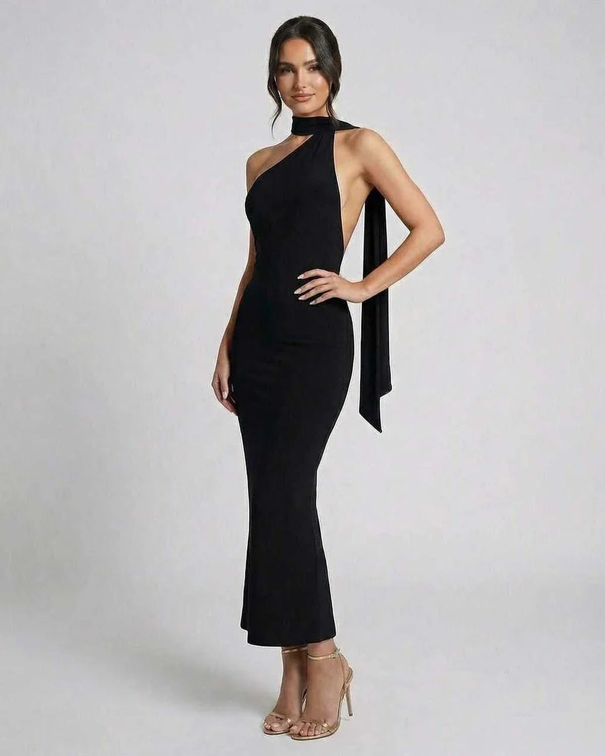 Black Satin Gown Halter Sleeveless Maxi Dress | Black-Tie Events, Evening Parties & Day-to-Night, side view | Ramblion | SKU: CMD-487391265-black-L-9428,CMD-487391265-black-M-4874,CMD-487391265-black-S-4174,CMD-487391265-black-XL-4998,CMD-487391265-black-XS-8515