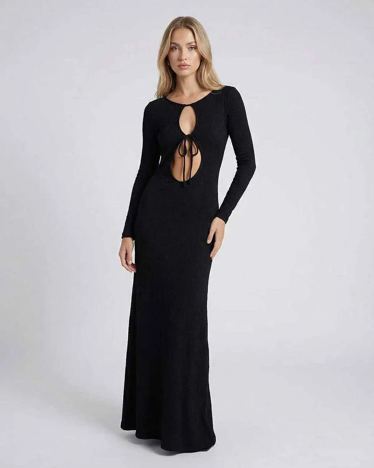 Black Satin Gown Round Neck Long Sleeve Maxi Dress | Prom & Brunch, front view | Ramblion | SKU: EMD-758319426-black-L-6494,EMD-758319426-black-M-986,EMD-758319426-black-S-3485,EMD-758319426-black-XL-1572,EMD-758319426-black-XS-4767
