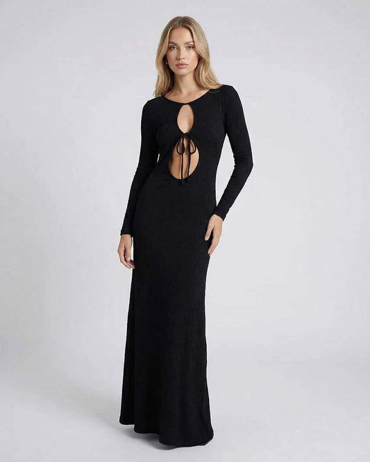 Black Satin Gown Round Neck Long Sleeve Maxi Dress | Prom & Brunch, front view | Ramblion