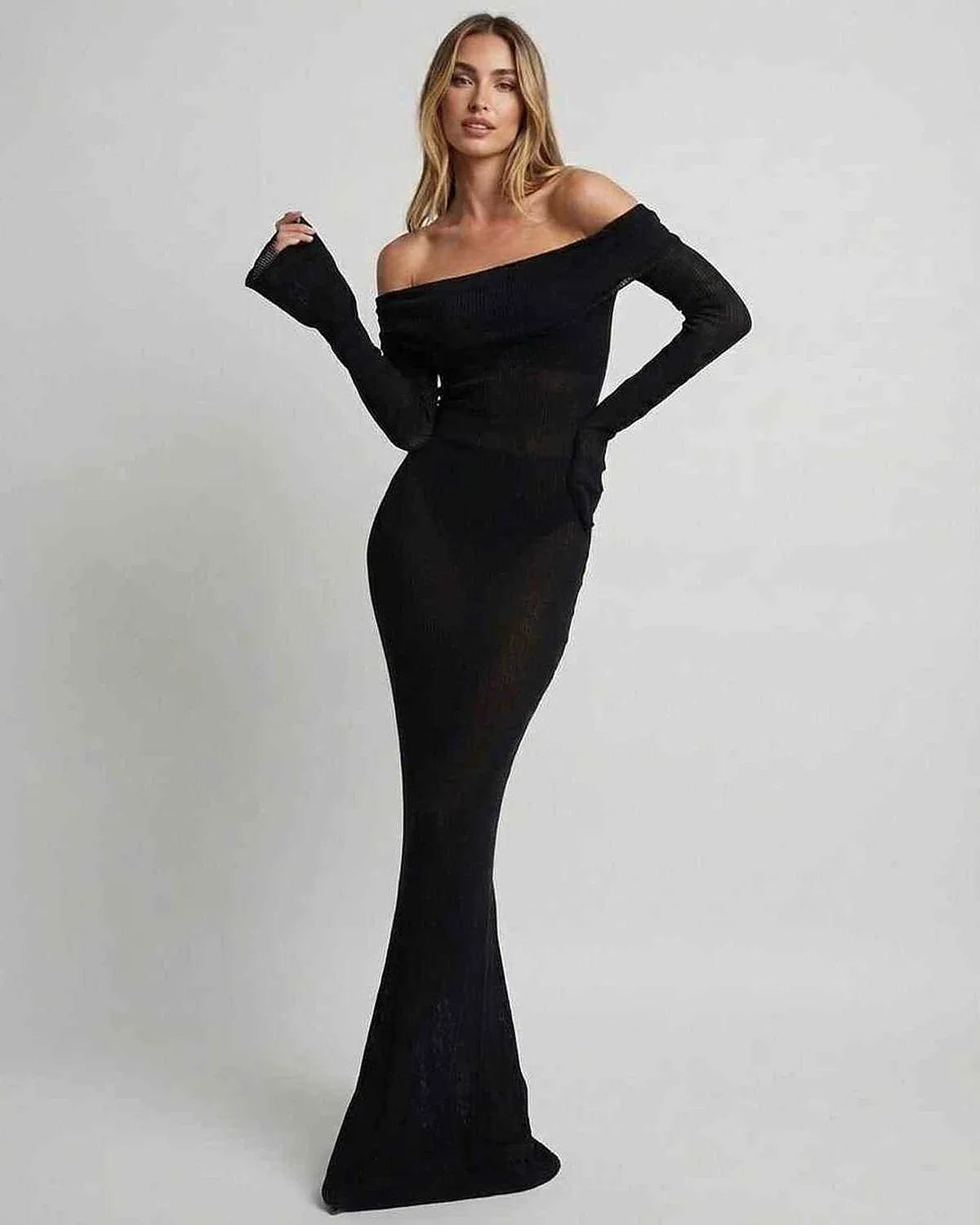 Black Satin Gown Round Neck Long Sleeve Maxi Dress | Gala Nights, front view | Ramblion | SKU: SMD-930184726-black-L-2847,SMD-930184726-black-M-5894,SMD-930184726-black-S-6194,SMD-930184726-black-XL-8042,SMD-930184726-black-XS-4832