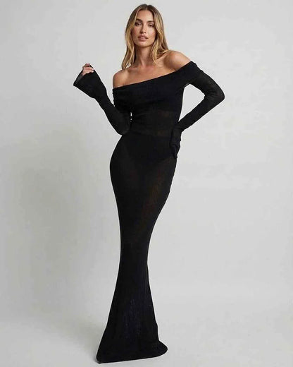 Black Satin Gown Round Neck Long Sleeve Maxi Dress | Gala Nights, front view | Ramblion | SKU: SMD-930184726-black-L-2847,SMD-930184726-black-M-5894,SMD-930184726-black-S-6194,SMD-930184726-black-XL-8042,SMD-930184726-black-XS-4832