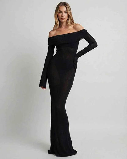 Black Satin Gown Round Neck Long Sleeve Maxi Dress | Gala Nights, front view | Ramblion | SKU: SMD-930184726-black-L-2847,SMD-930184726-black-M-5894,SMD-930184726-black-S-6194,SMD-930184726-black-XL-8042,SMD-930184726-black-XS-4832