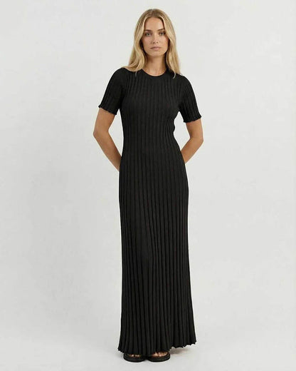 Black Satin Gown Round Neck Short Sleeve Maxi Dress | Bridal Showers, front view | Ramblion | SKU: LMD-837264910-black-L-1359,LMD-837264910-black-M-2120,LMD-837264910-black-S-247,LMD-837264910-black-XL-1029,LMD-837264910-black-XS-9518