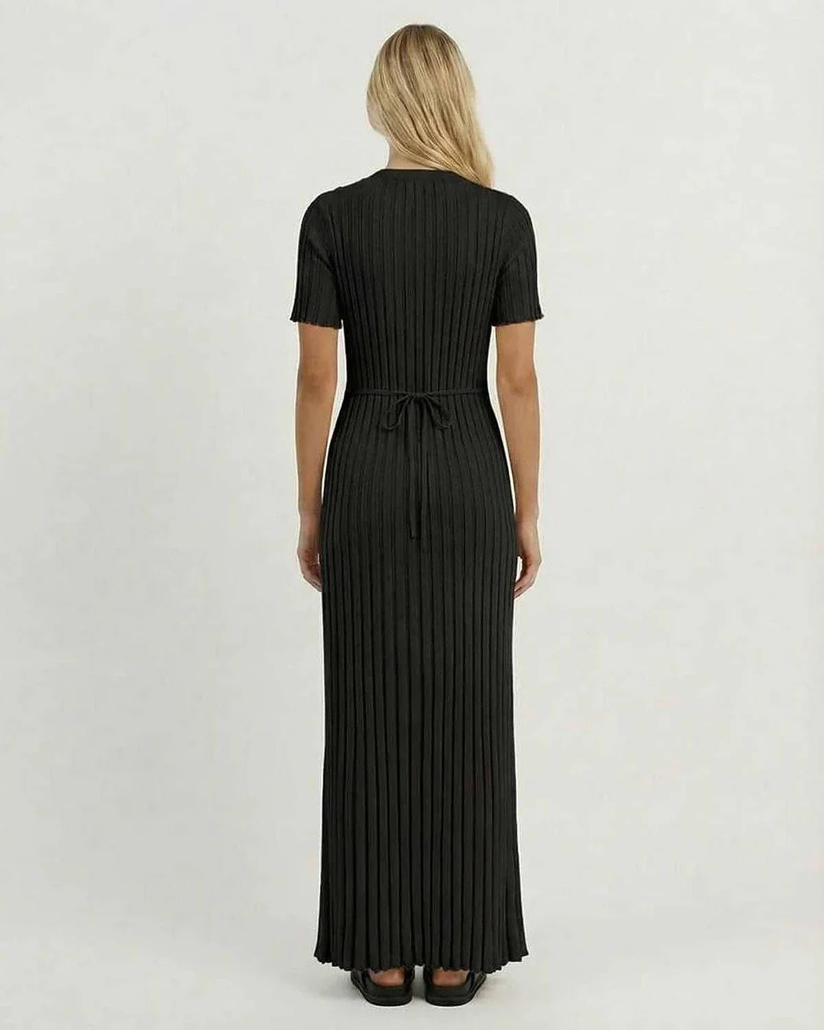 Black Satin Gown Round Neck Short Sleeve Maxi Dress | Bridal Showers, back view | Ramblion | SKU: LMD-837264910-black-L-1359,LMD-837264910-black-M-2120,LMD-837264910-black-S-247,LMD-837264910-black-XL-1029,LMD-837264910-black-XS-9518