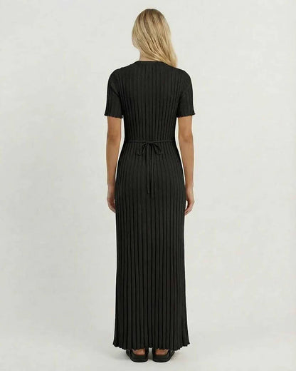 Black Satin Gown Round Neck Short Sleeve Maxi Dress | Bridal Showers, back view | Ramblion | SKU: LMD-837264910-black-L-1359,LMD-837264910-black-M-2120,LMD-837264910-black-S-247,LMD-837264910-black-XL-1029,LMD-837264910-black-XS-9518