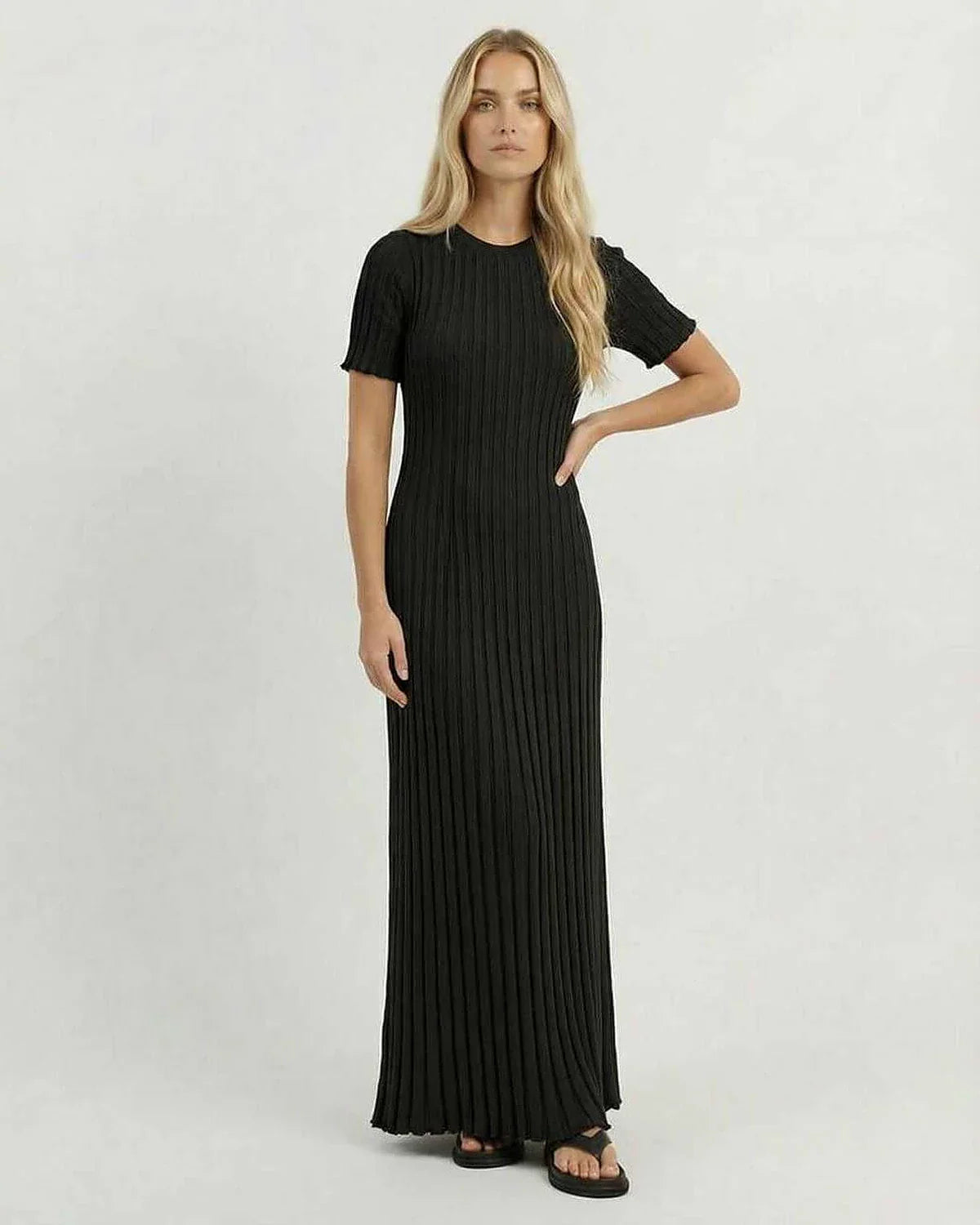 Black Satin Gown Round Neck Short Sleeve Maxi Dress | Bridal Showers, front view | Ramblion | SKU: LMD-837264910-black-L-1359,LMD-837264910-black-M-2120,LMD-837264910-black-S-247,LMD-837264910-black-XL-1029,LMD-837264910-black-XS-9518