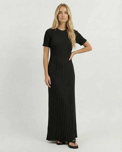 Black Satin Gown Round Neck Short Sleeve Maxi Dress | Bridal Showers, front view | Ramblion | SKU: LMD-837264910-black-L-1359,LMD-837264910-black-M-2120,LMD-837264910-black-S-247,LMD-837264910-black-XL-1029,LMD-837264910-black-XS-9518